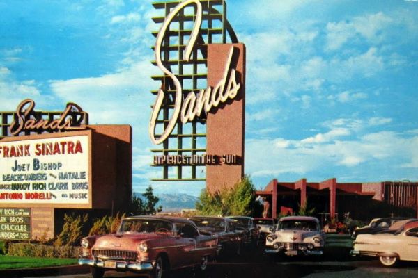 The Sands hotel marquee in 1959 with Frank Sinatra and Joey Bishop billed
